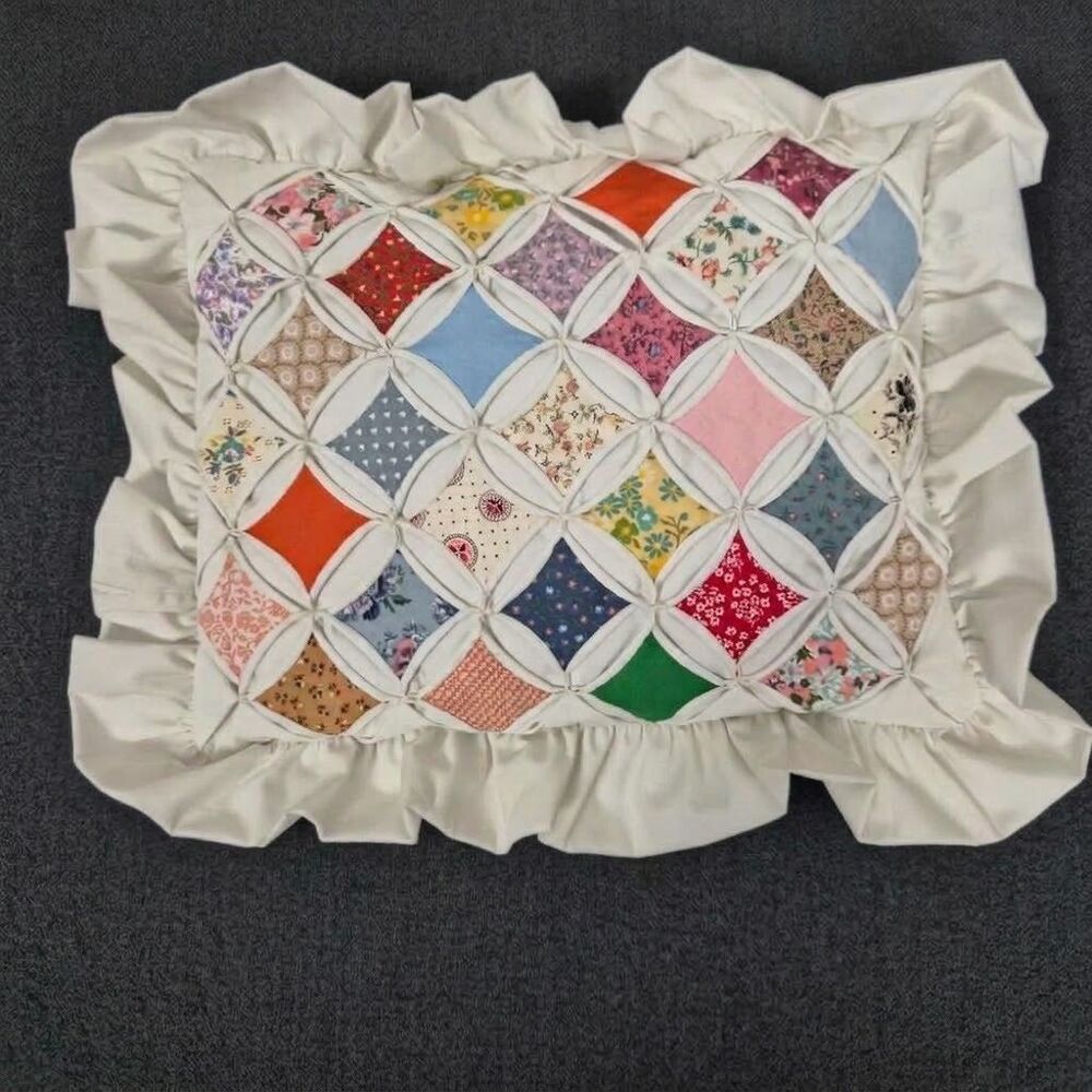 Vintage Handmade Cathedral Window Quilt Pillow Ruffle 15x12 Cottagecore Grannyco